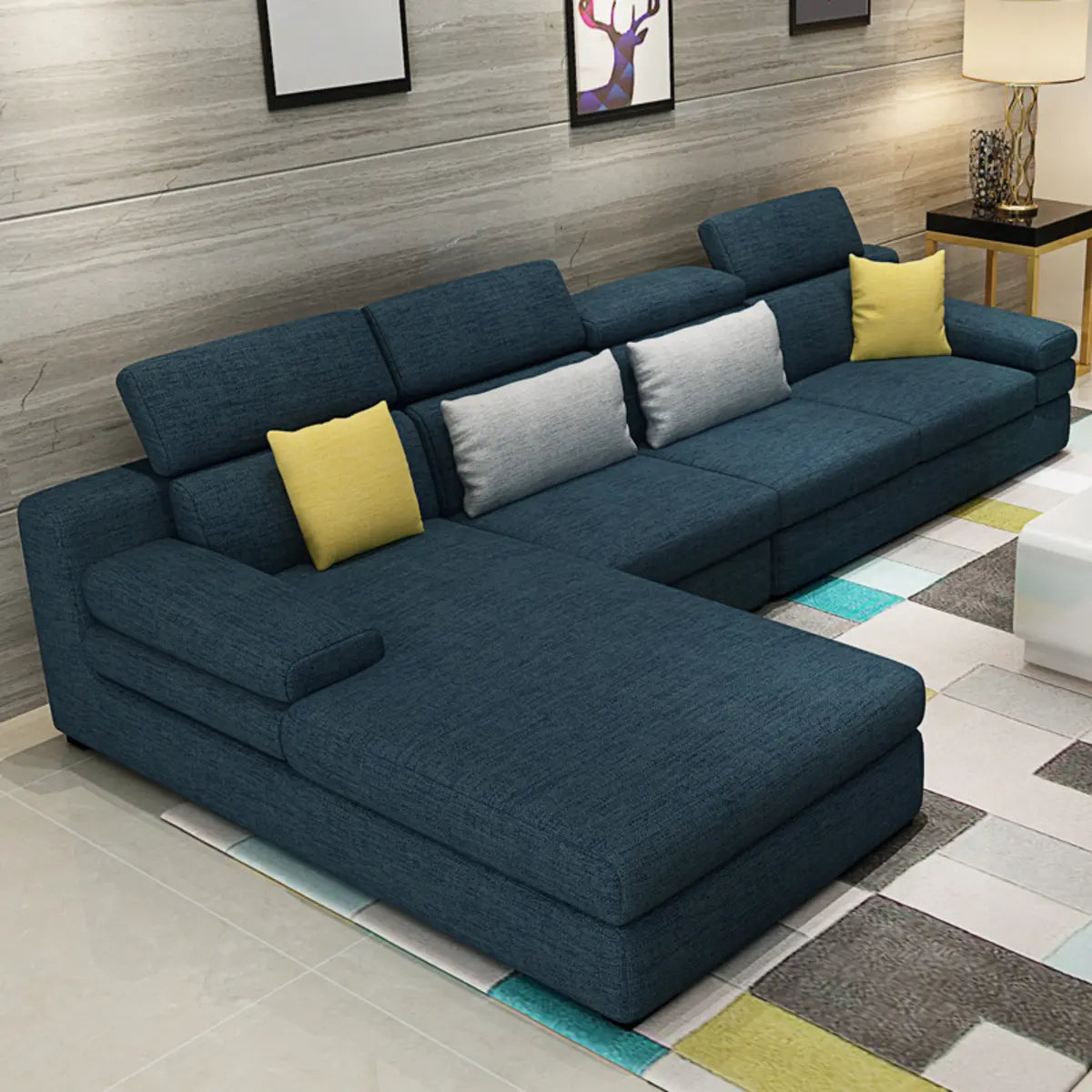 Dark Blue L-Shape Sofa Chaise with Concealed Support Image - 2