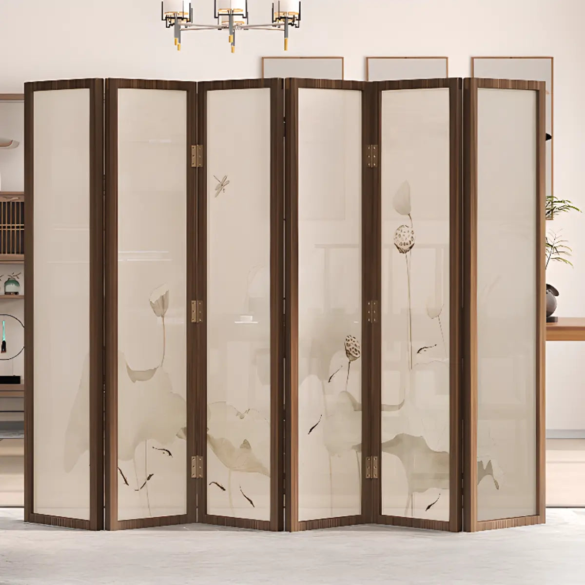 Dark Brown Lotus Leaf Wood Folding Translucent Room Divider Image - 16