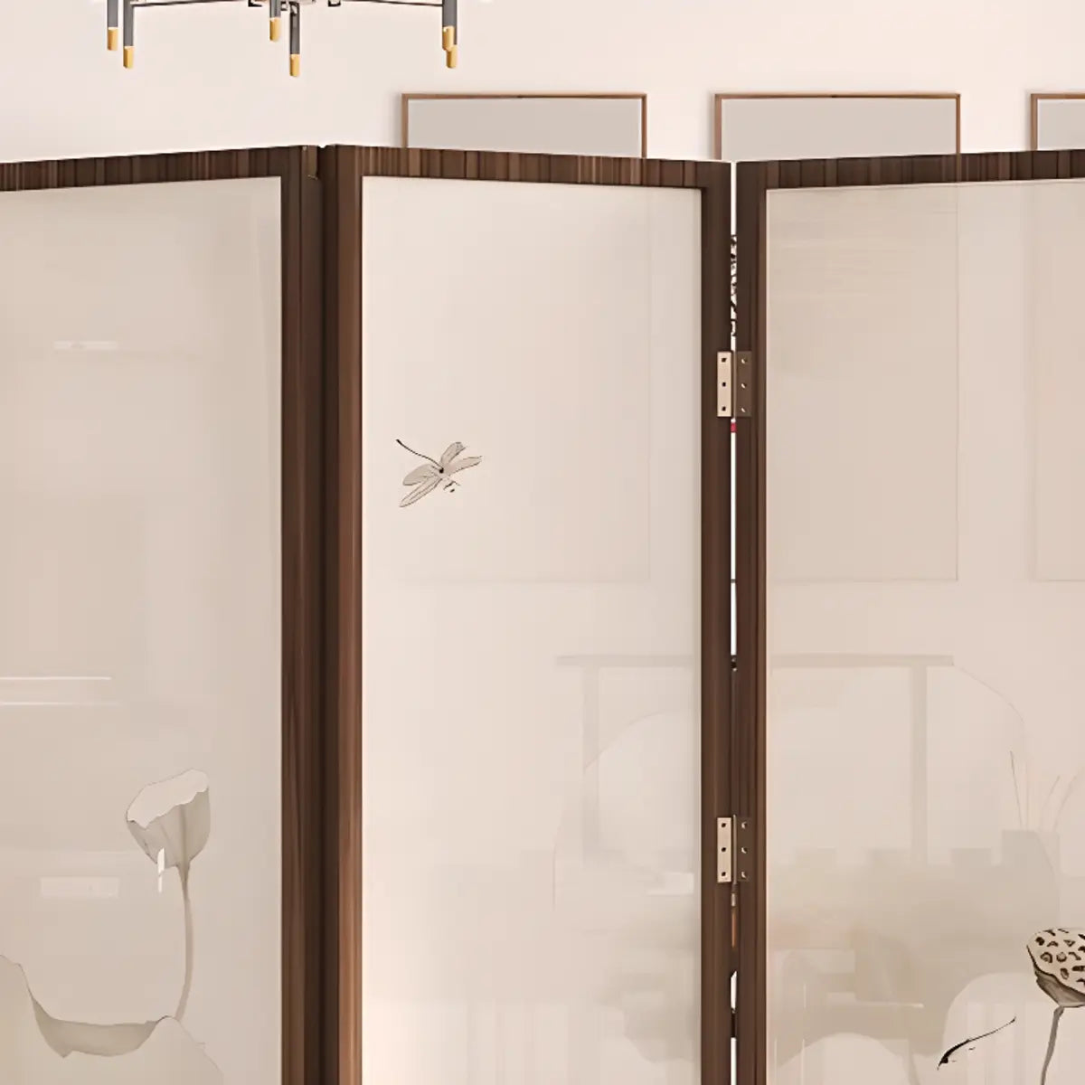 Dark Brown Lotus Leaf Wood Folding Translucent Room Divider Image - 6