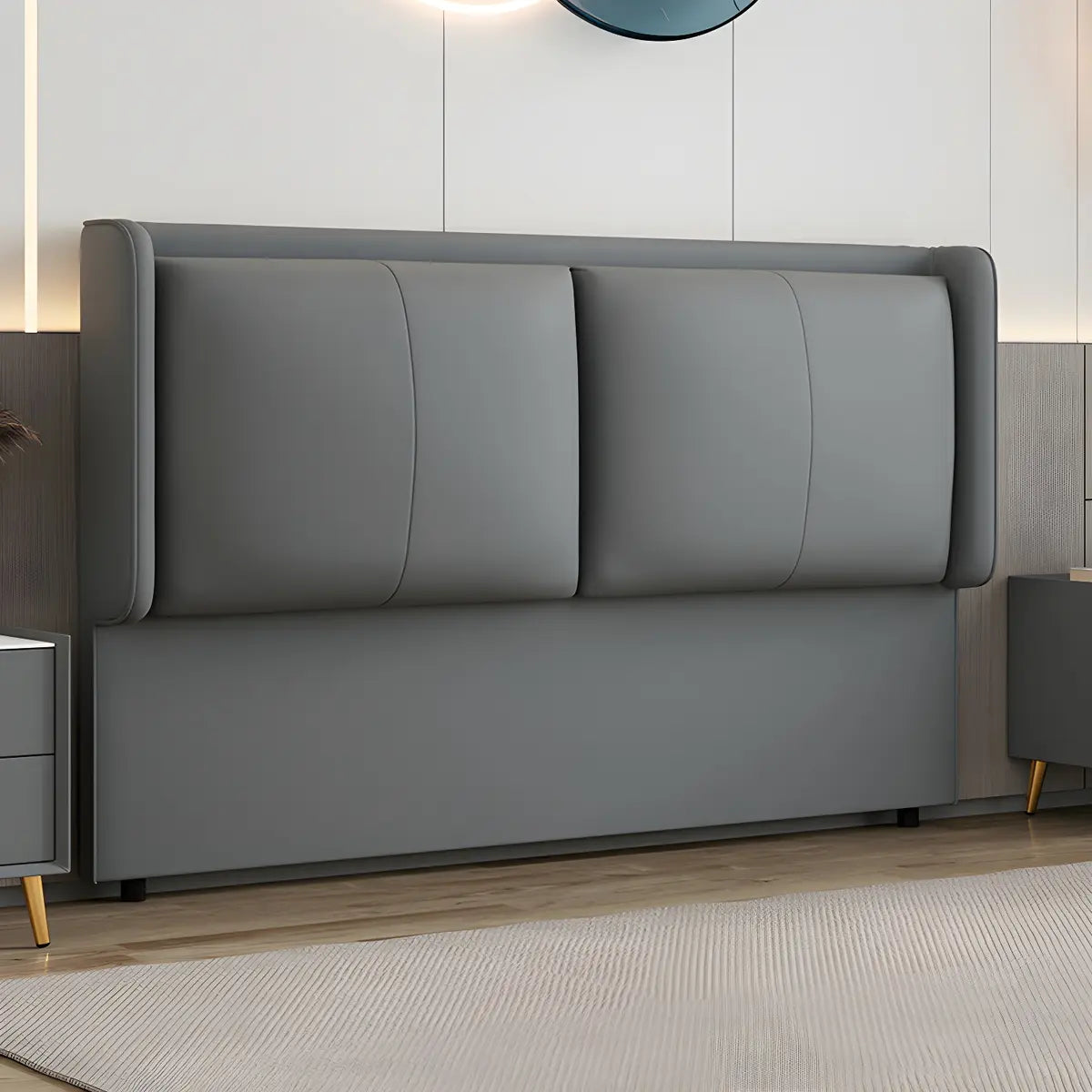 Dark Gray Leather Upholstered Wingback Headboard Image - 1