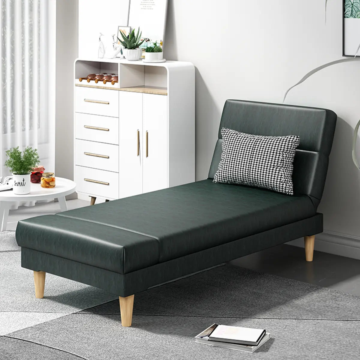 Dark Green Pillow Rectangular PU Reclining Armless Chaise Image - 10