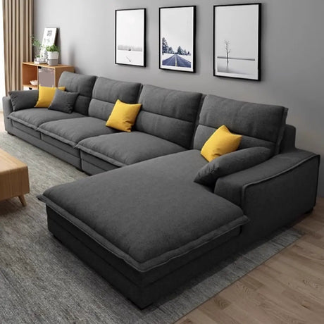 Dark Grey Cotton Linen Recessed Arm Right Sofa Chaise Image - 1