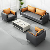 Dark Grey Leather Sofa Seating Group with Orange Pillow Image - 1