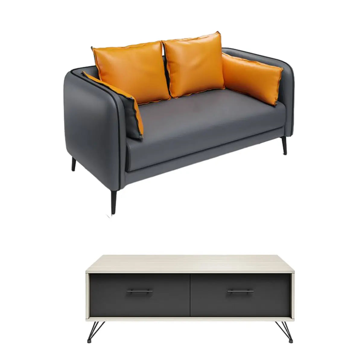 Dark Grey Leather Sofa Seating Group with Orange Pillow Image - 10