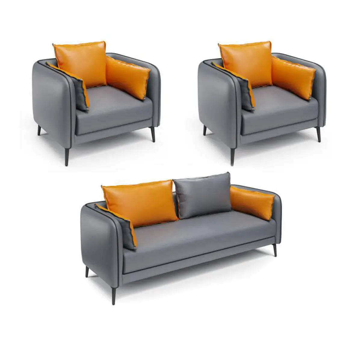 Dark Grey Leather Sofa Seating Group with Orange Pillow Image - 11