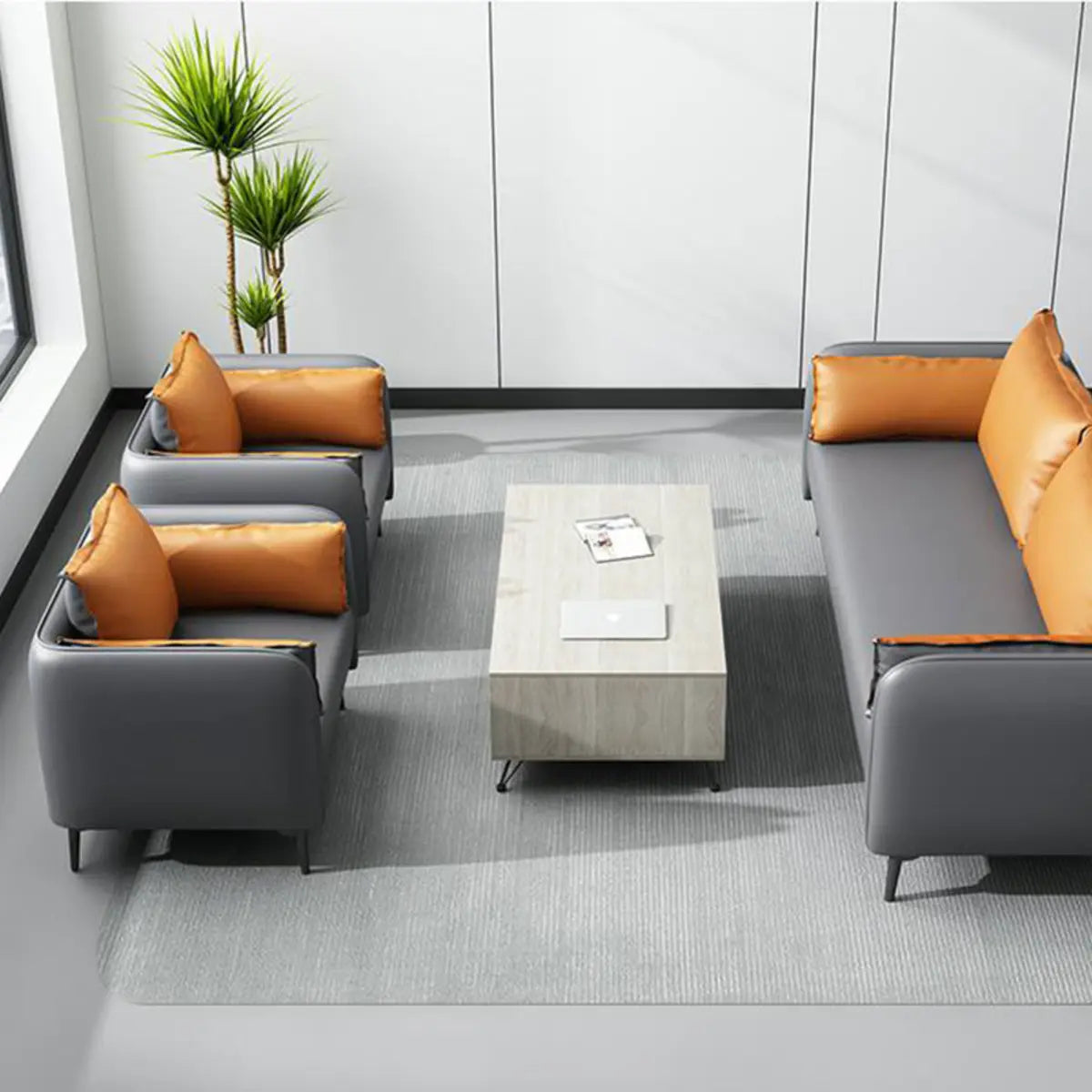 Dark Grey Leather Sofa Seating Group with Orange Pillow Image - 16