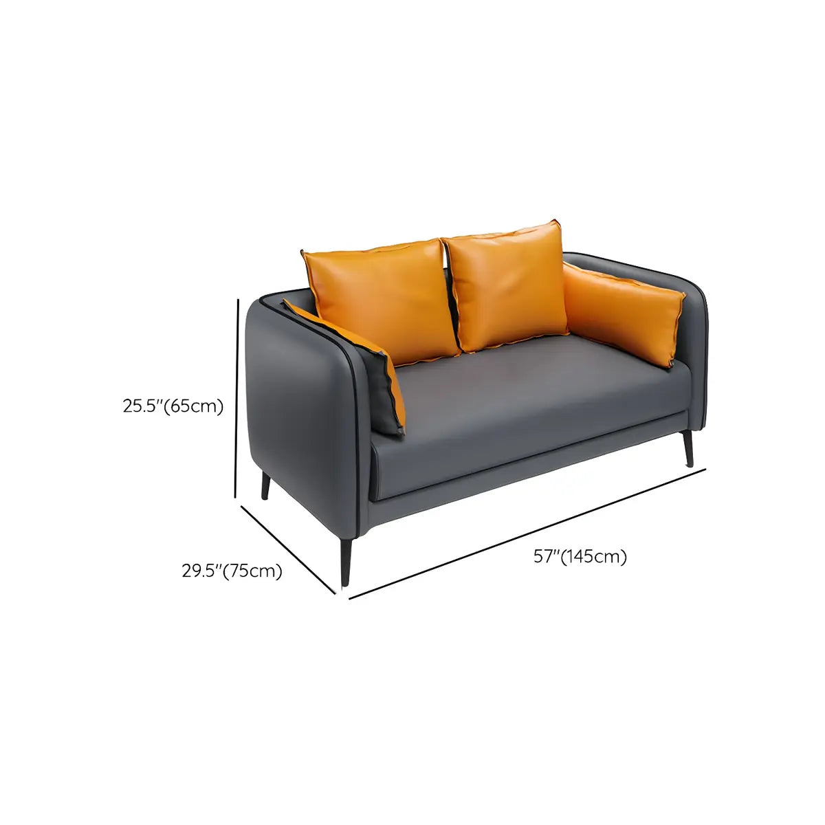 Dark Grey Leather Sofa Seating Group with Orange Pillow 