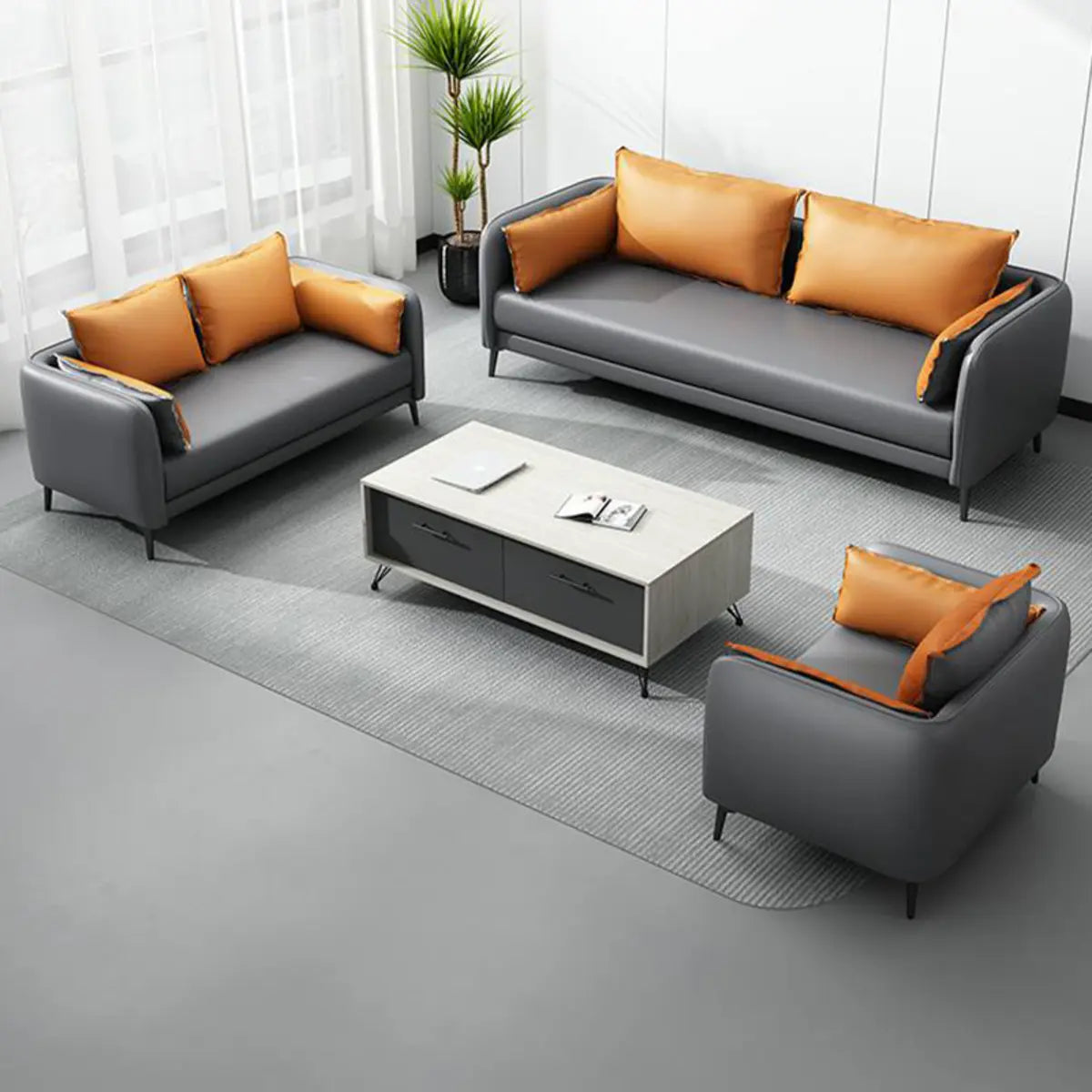 Dark Grey Leather Sofa Seating Group with Orange Pillow Image - 6