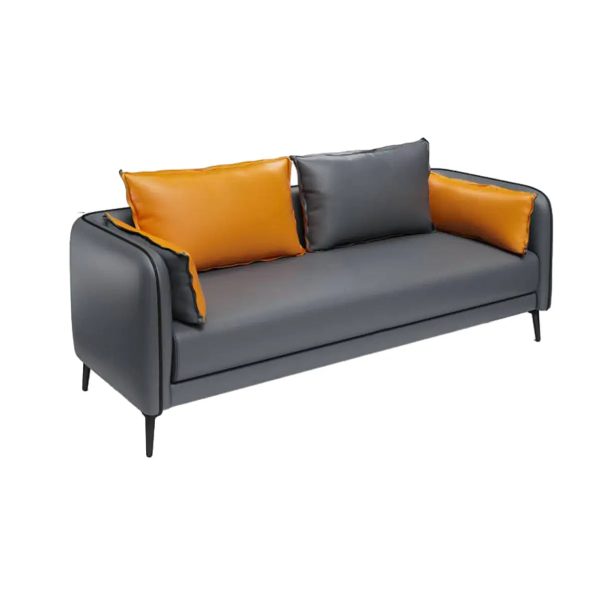 Dark Grey Leather Sofa Seating Group with Orange Pillow Image - 7