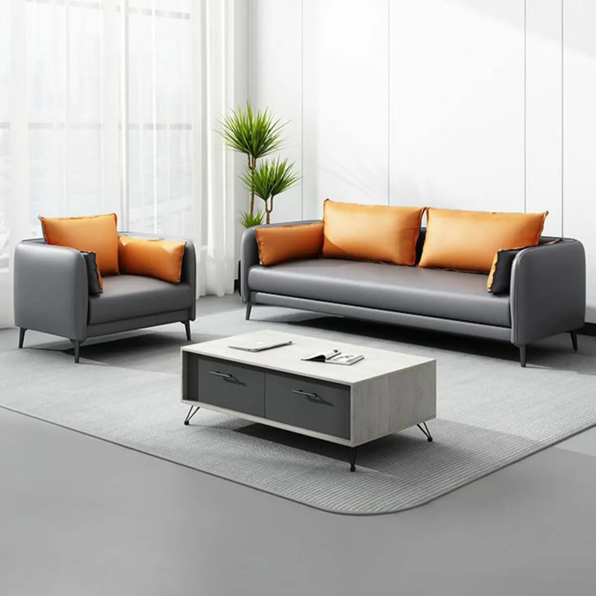 Dark Grey Leather Sofa Seating Group with Orange Pillow Image - 8