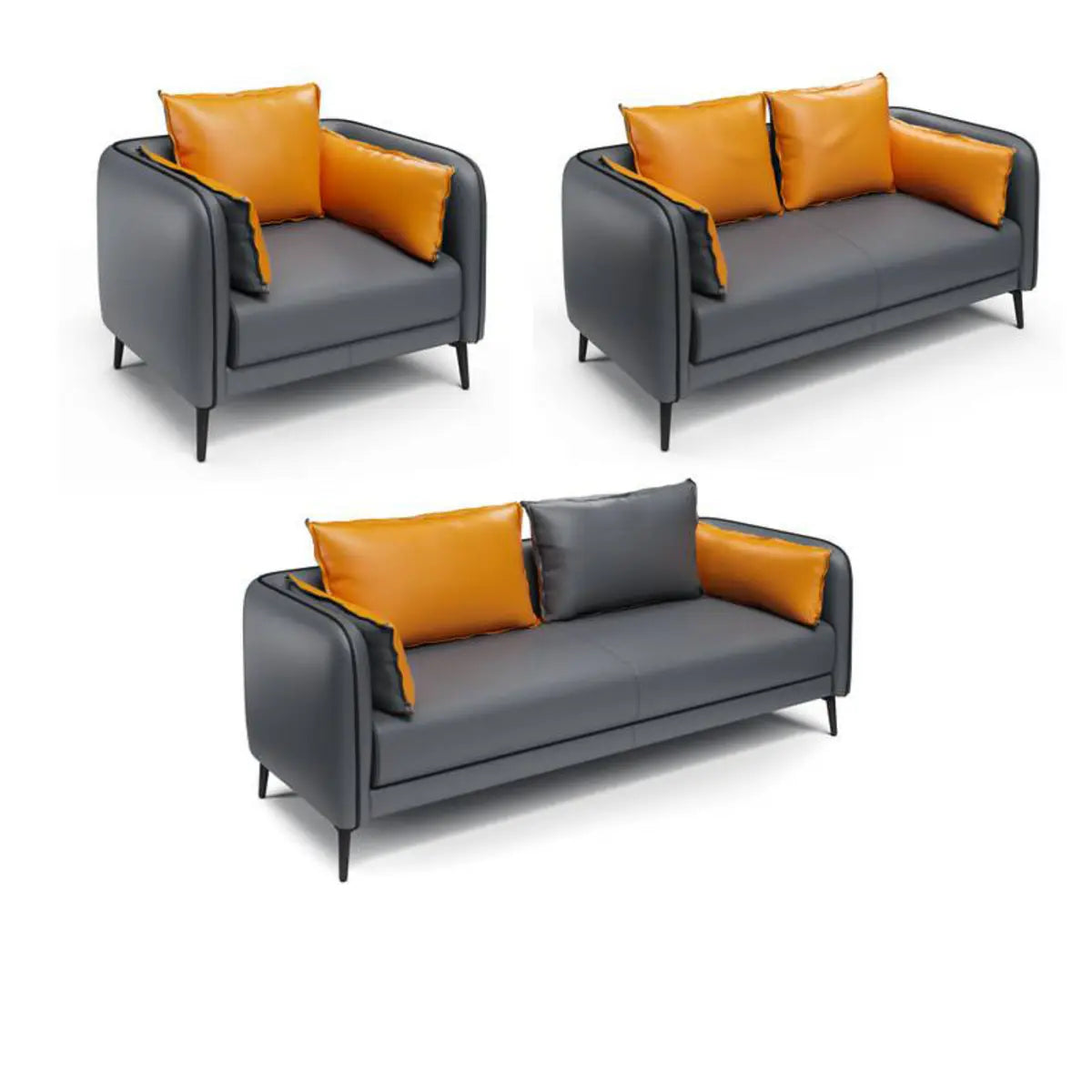 Dark Grey Leather Sofa Seating Group with Orange Pillow Image - 9