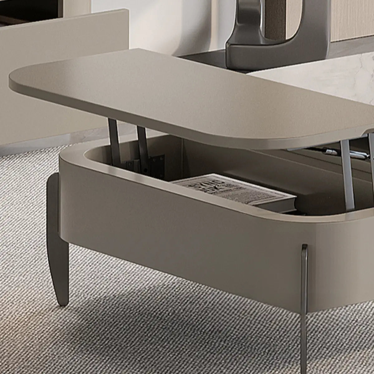 Dark Khaki Rectangle Stone Lift Top Storage Coffee Table Image - 8