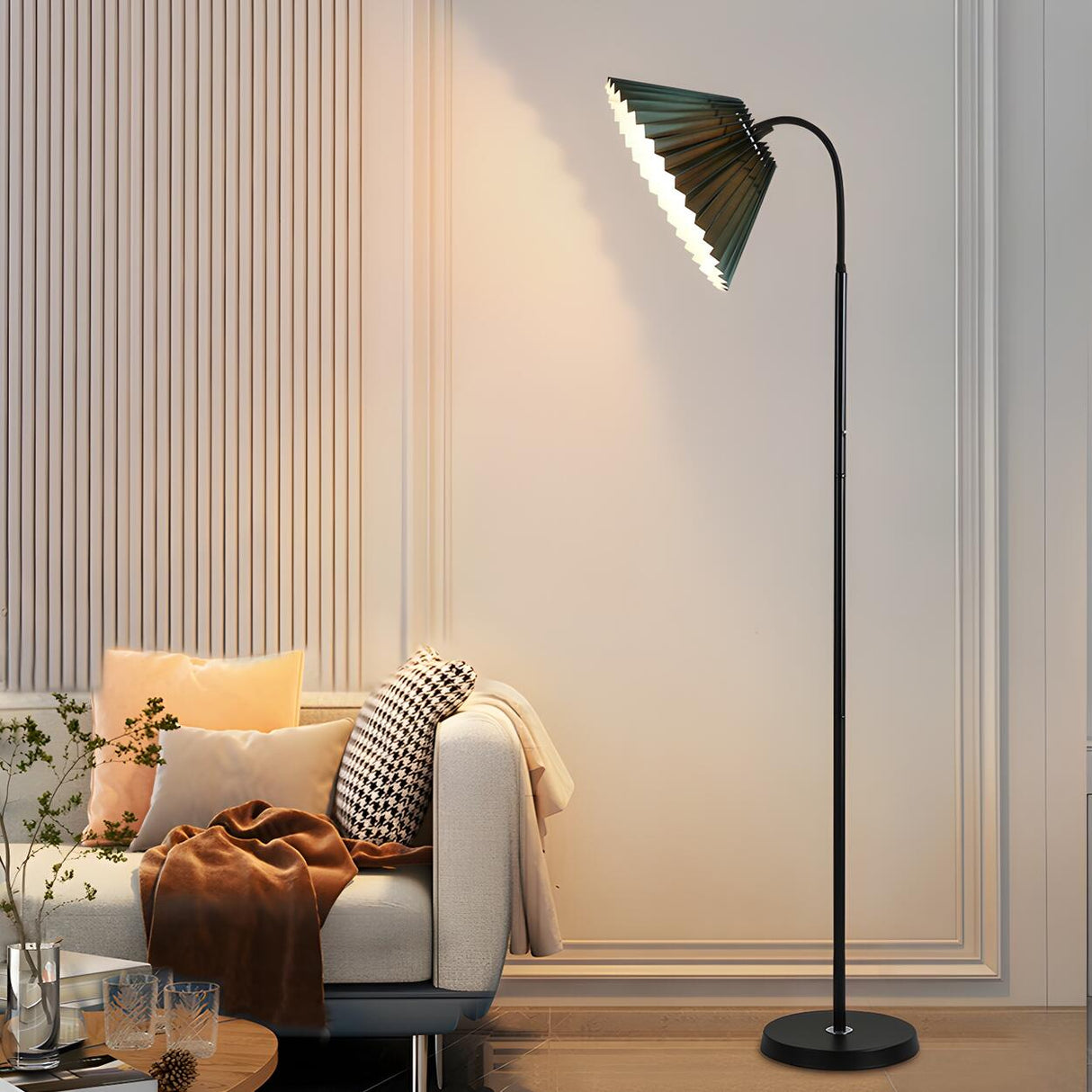 Dark Pleated Shade Metal Modern LED Floor Lamp Image - 1