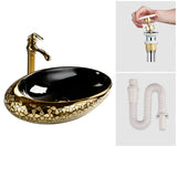 Decorative Gold Trim Oval Ceramic Bathroom Vessel Sink Image - 10