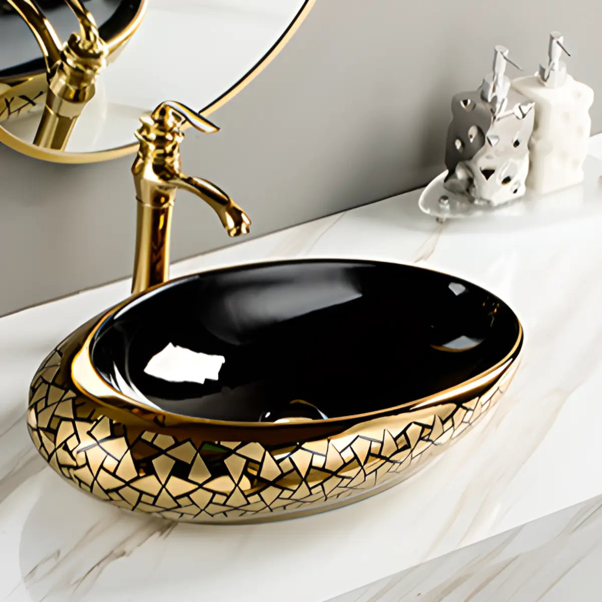 Decorative Gold Trim Oval Ceramic Bathroom Vessel Sink Image - 12