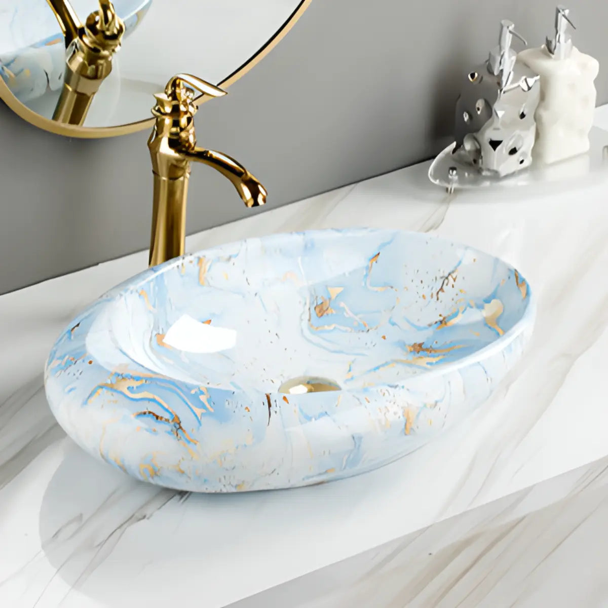 Decorative Gold Trim Oval Ceramic Bathroom Vessel Sink Image - 13