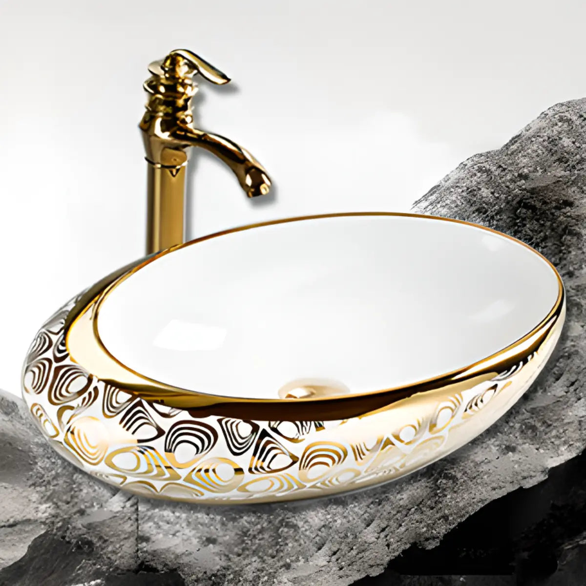 Decorative Gold Trim Oval Ceramic Bathroom Vessel Sink Image - 15