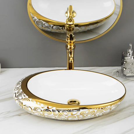 Decorative Gold Trim Oval Ceramic Bathroom Vessel Sink Image - 2