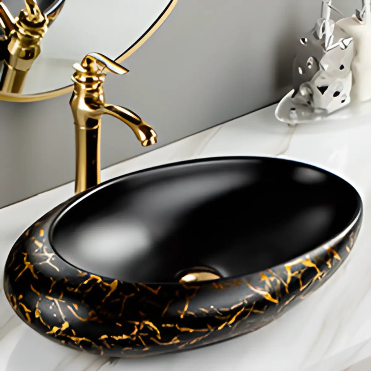 Decorative Gold Trim Oval Ceramic Bathroom Vessel Sink Image - 3