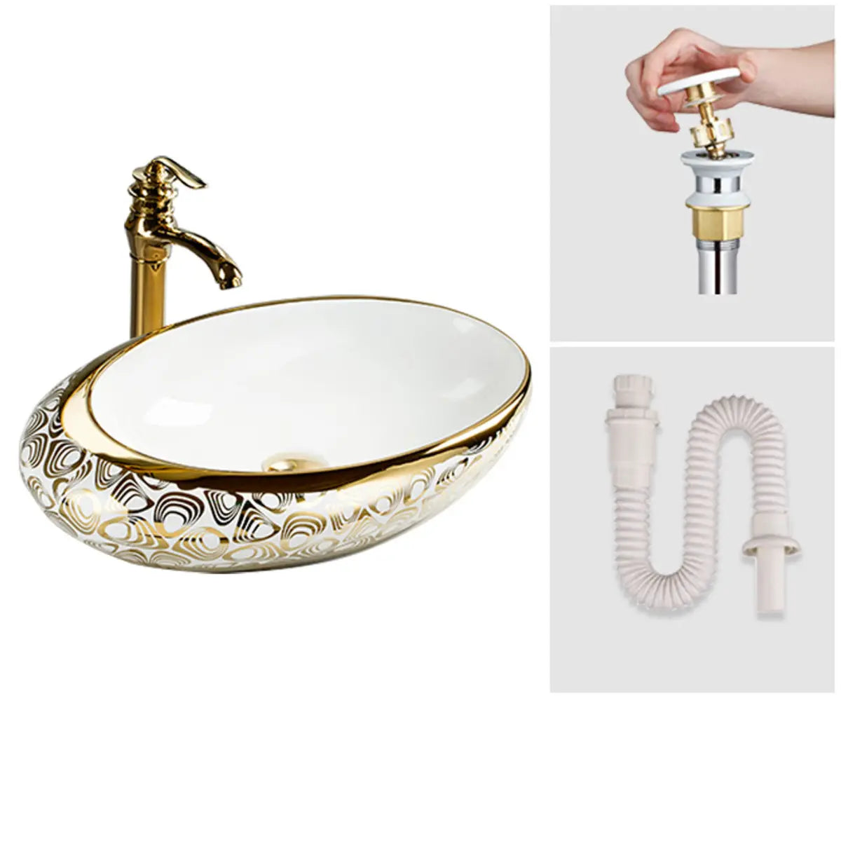 Decorative Gold Trim Oval Ceramic Bathroom Vessel Sink Image - 7