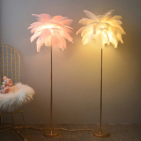 Decorative Pink Feather and Gold Stand Floor Lamp Image - 1