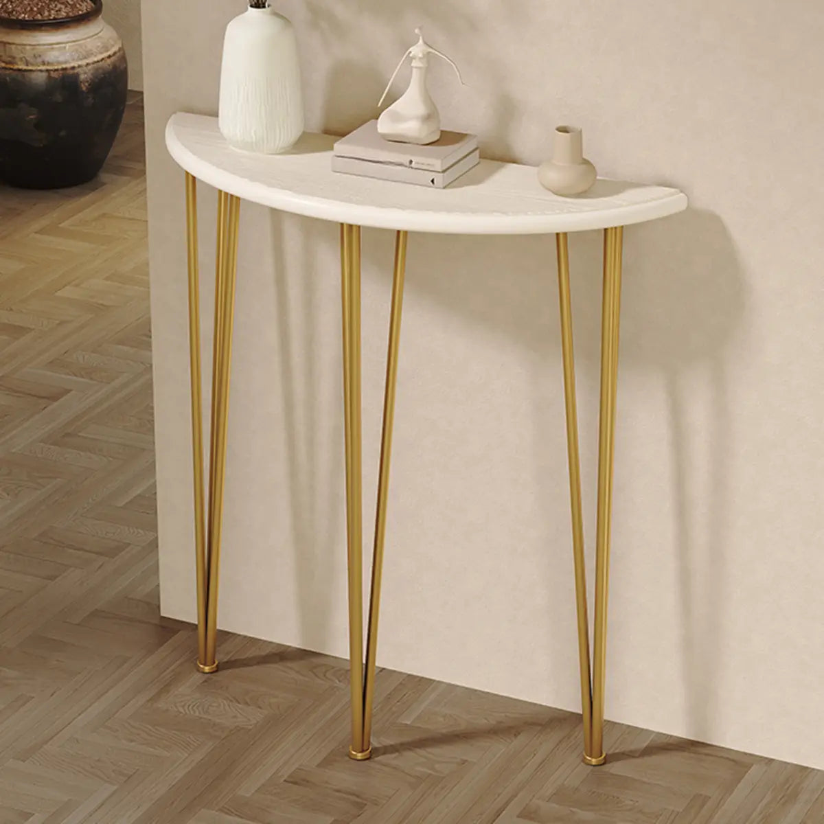 Demilune Pine Wood Gold Metal Three Legs Console Table Image - 1