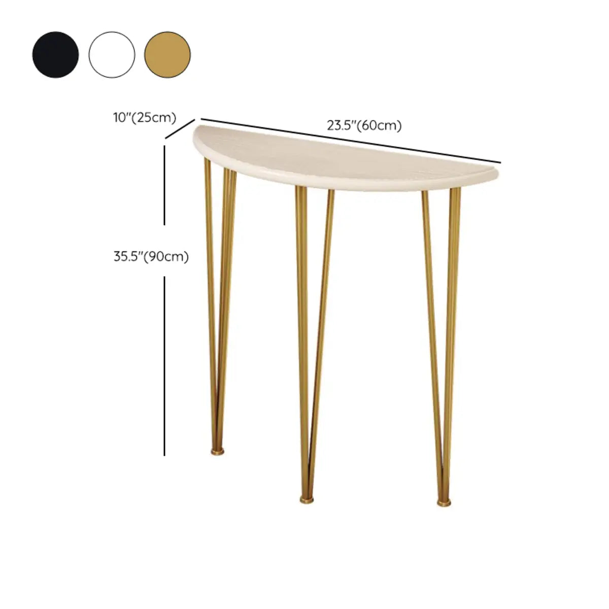 Demilune Pine Wood Gold Metal Three Legs Console Table 