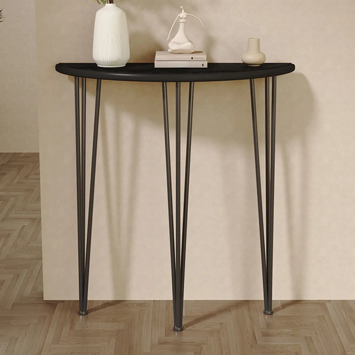 Demilune Pine Wood Gold Metal Three Legs Console Table Image - 6