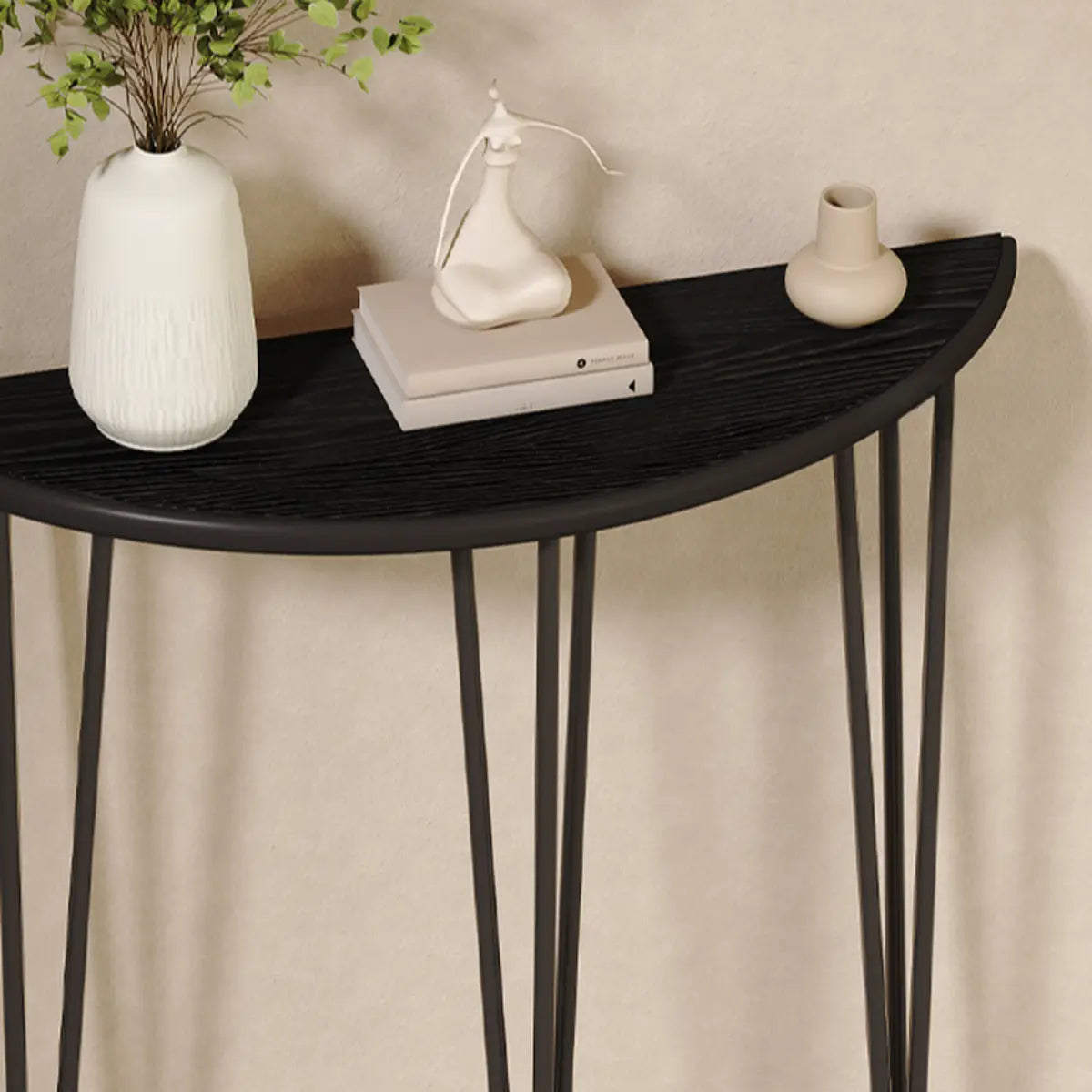 Demilune Pine Wood Gold Metal Three Legs Console Table Image - 9