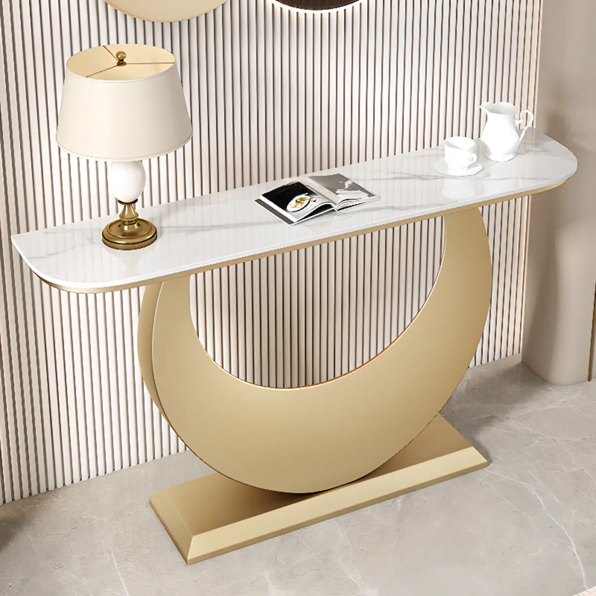 Demilune Sintered Stone Gold Large Entry Console Table Image - 14