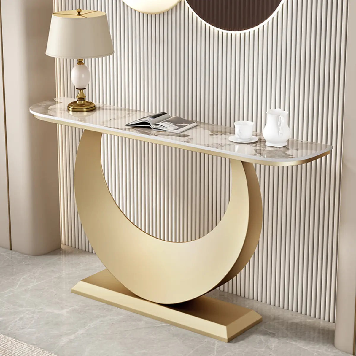 Demilune Sintered Stone Gold Large Entry Console Table Image - 7