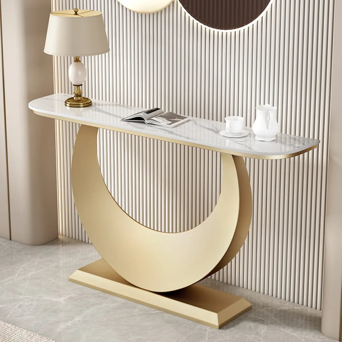 Demilune Sintered Stone Gold Large Entry Console Table Image - 9