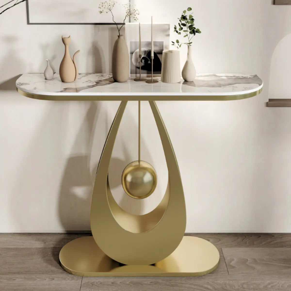 Demilune Sintered Stone Metal Abstract Base Console Table Image - 4