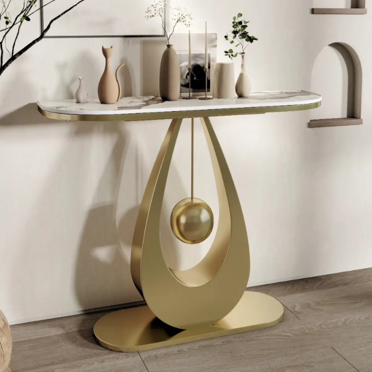 Demilune Sintered Stone Metal Abstract Base Console Table Image - 6