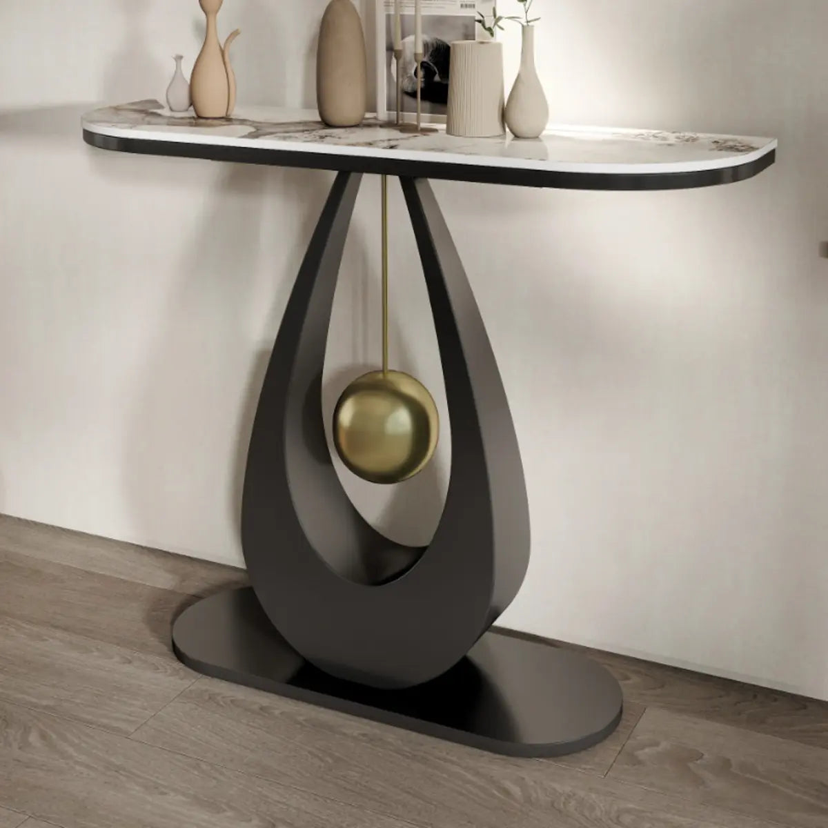 Demilune Sintered Stone Metal Abstract Base Console Table Image - 8