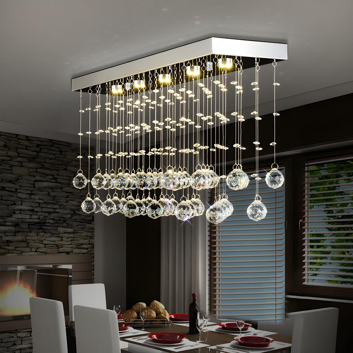 Dining Rectangle Crystal Bead Pendant Flush Mount Light Image - 5