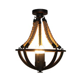 Dining Room Black Bowl Rope Cage Semi-Flush Mount Light Image - 2