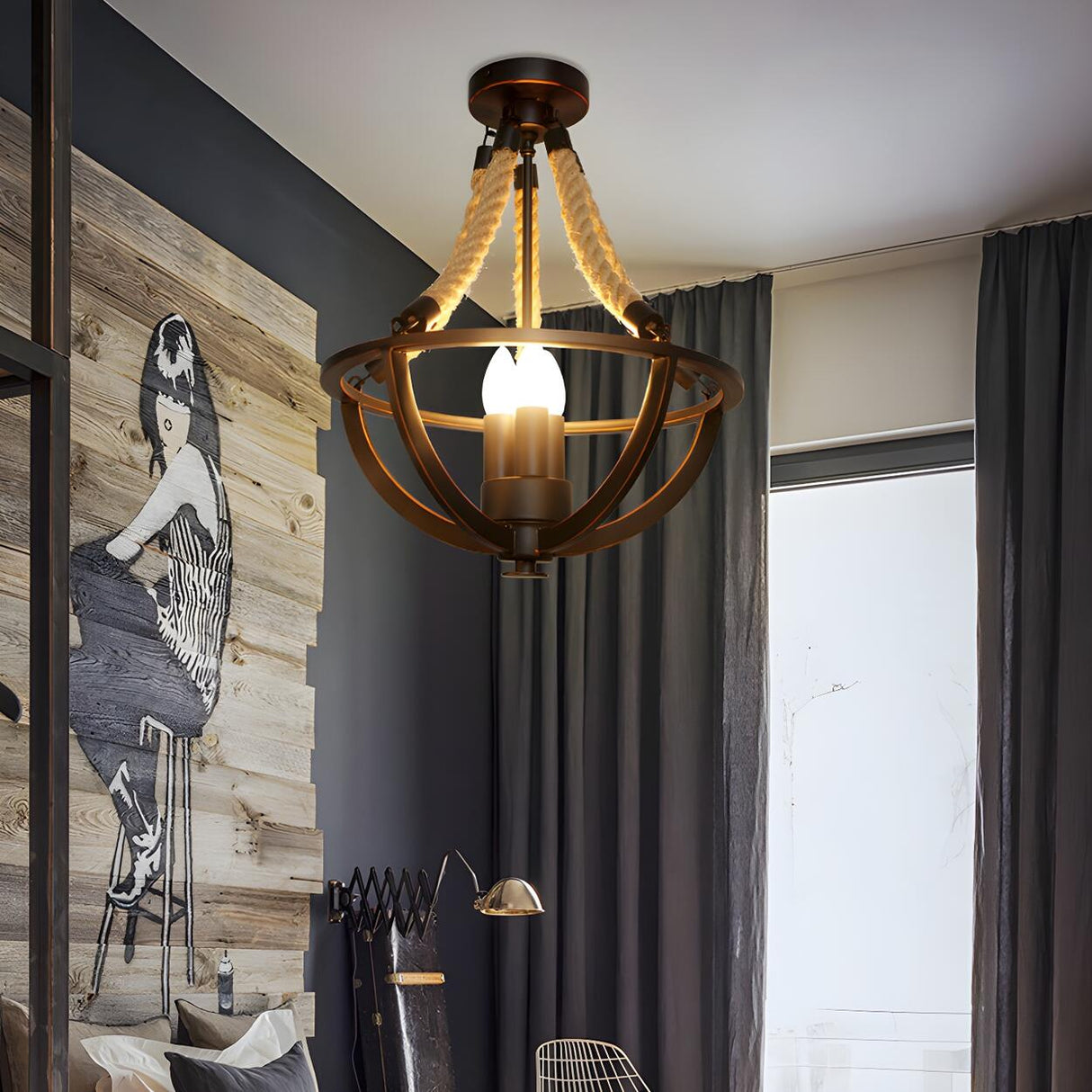 Dining Room Black Bowl Rope Cage Semi-Flush Mount Light Image - 3