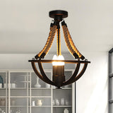 Dining Room Black Bowl Rope Cage Semi-Flush Mount Light Image - 6