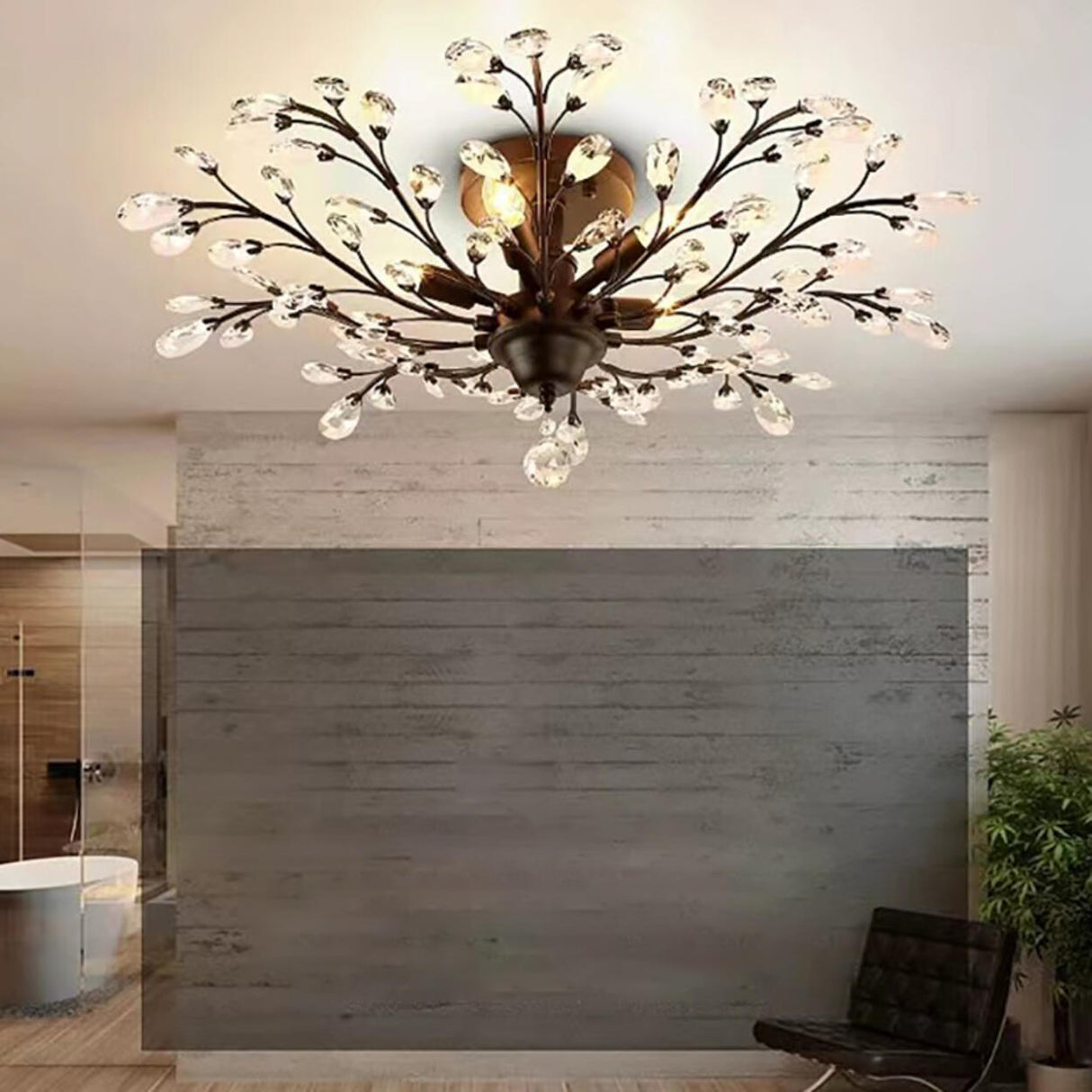 Dining Room Black Branch Crystal Semi-Flush Mount Light Image - 4