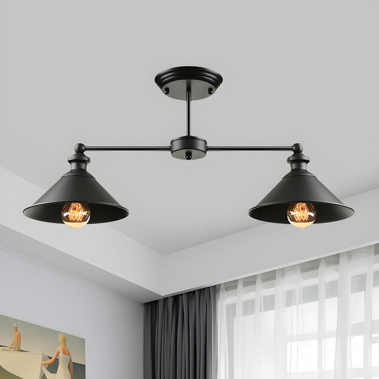 Dining Room Black Double Conic Semi-Flush Mount Light Image - 2