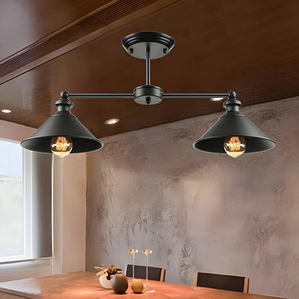 Dining Room Black Double Conic Semi-Flush Mount Light Image - 5