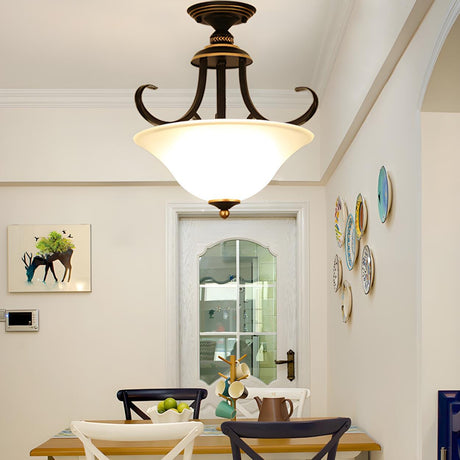 Dining Room Brass Bowl-Shaped Semi-Flush Mount Light Image - 1