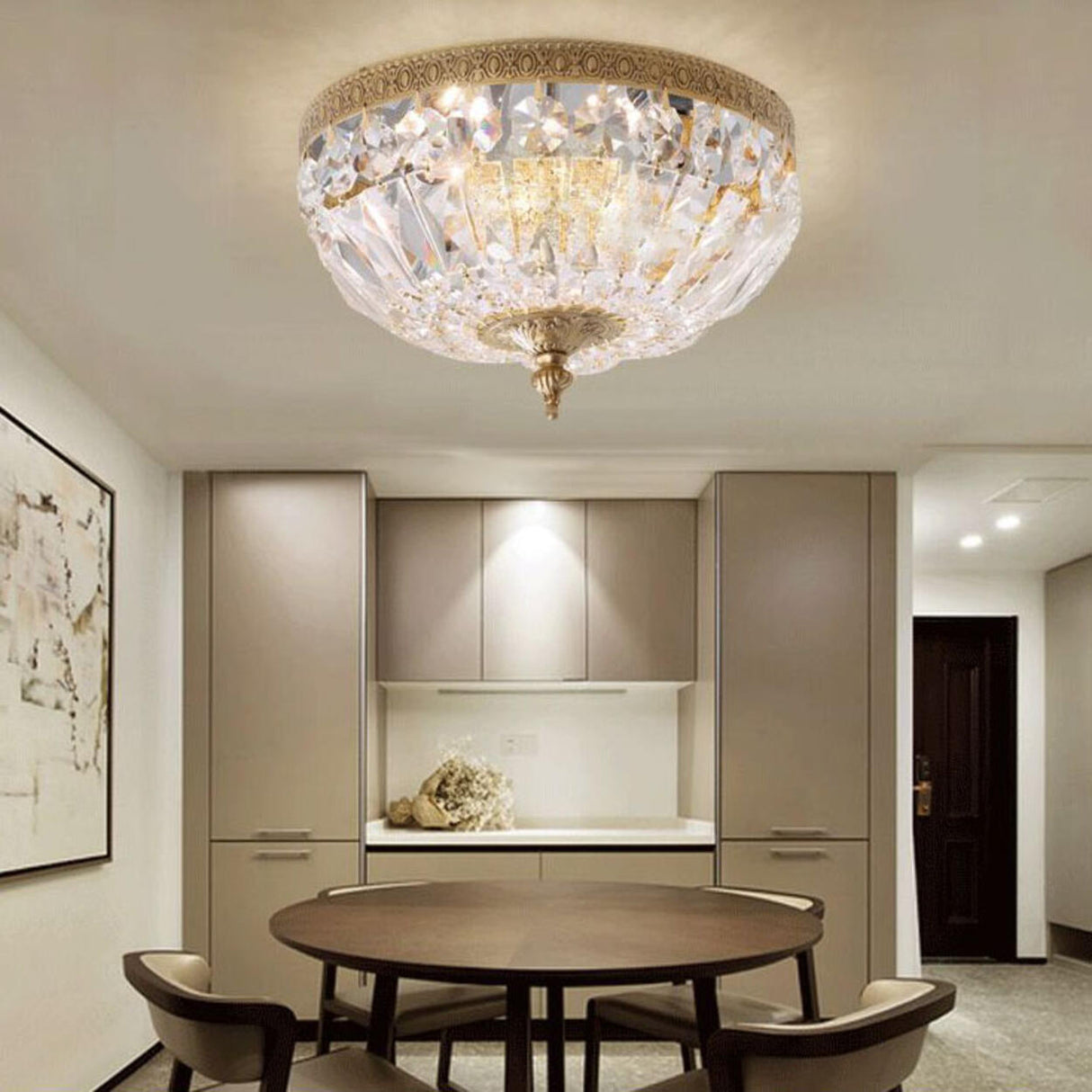 Dining Room Gold Crystal Flush Mount Ceiling Light Image - 1