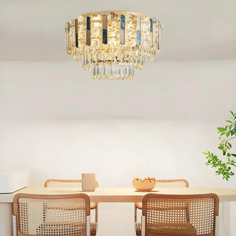 Dining Room Gold Multi-Tiered Crystal Flush Mount Light Image - 3