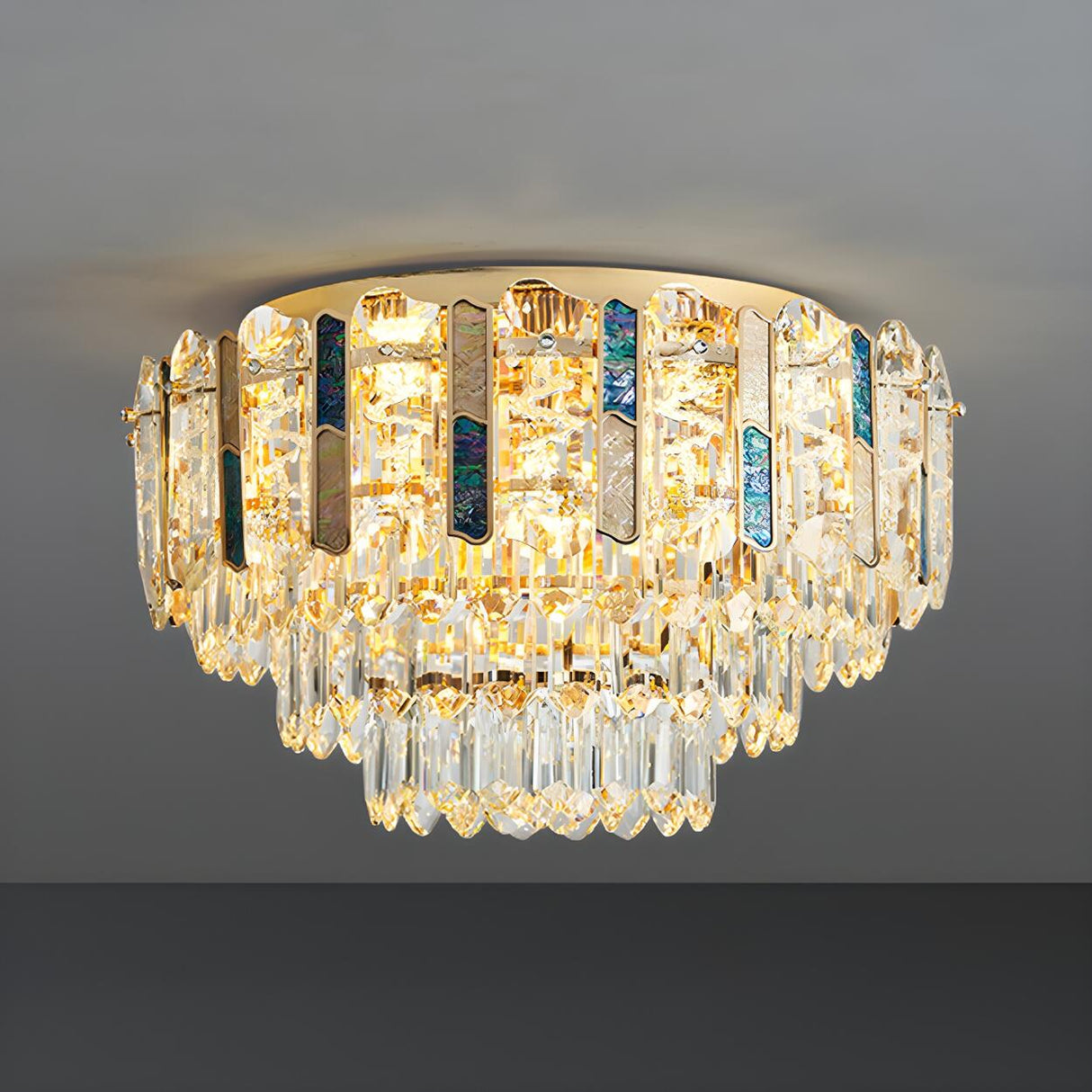 Dining Room Gold Multi-Tiered Crystal Flush Mount Light Image - 3