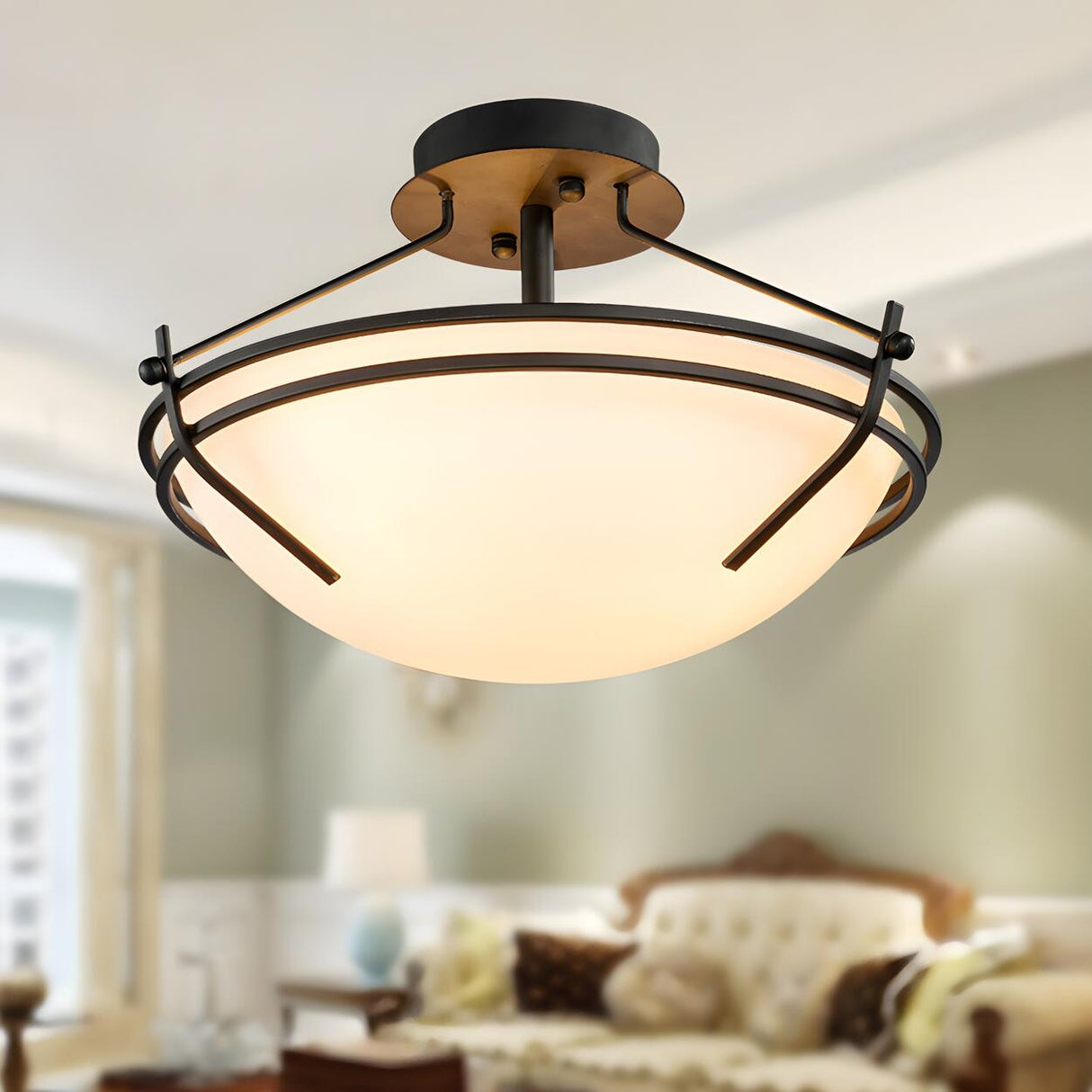 Dining Room Small Glass Bowl Semi-Flush Mount Light Image - 2