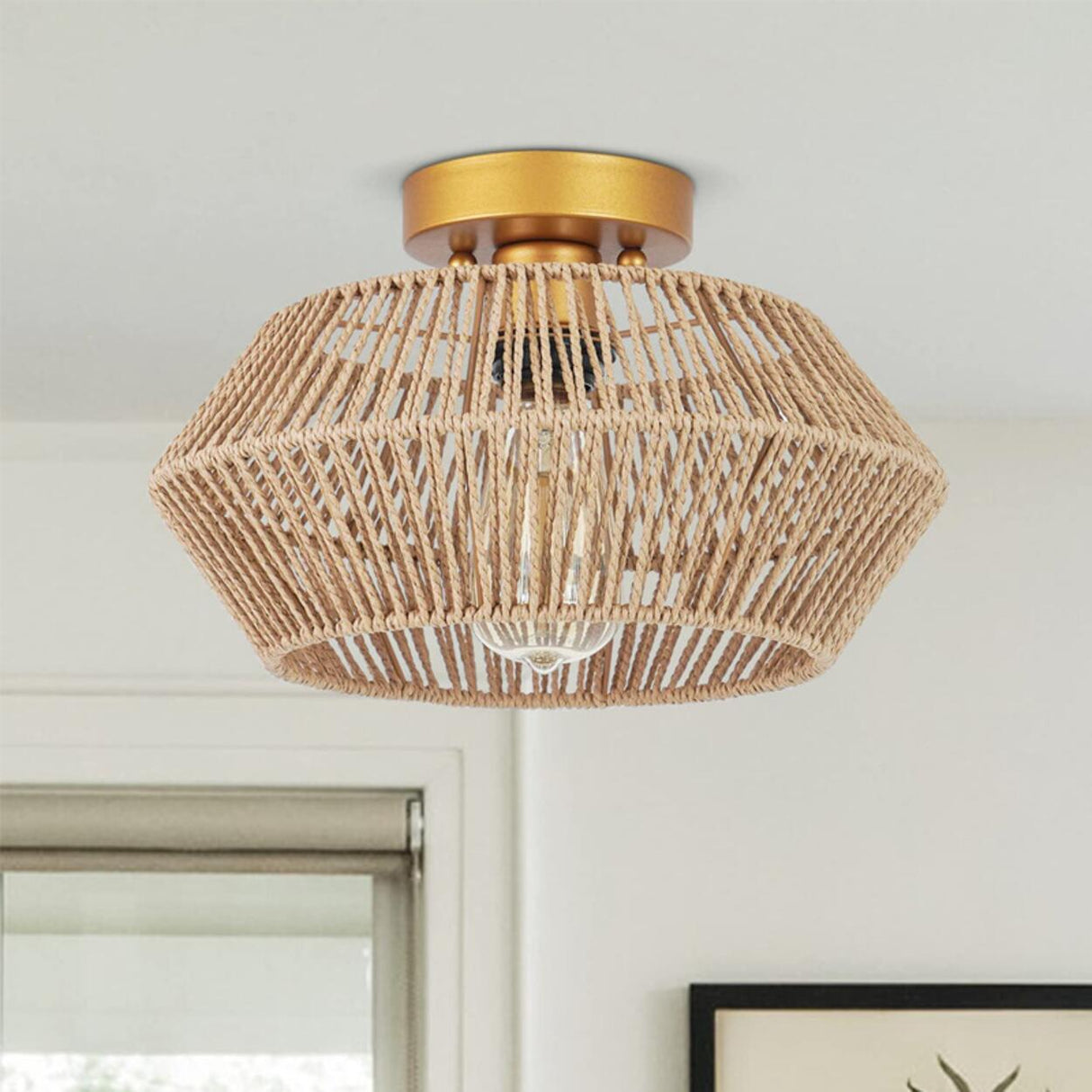 Dining Room Woven Rope Mini Semi-Flush Mount Light Image - 3