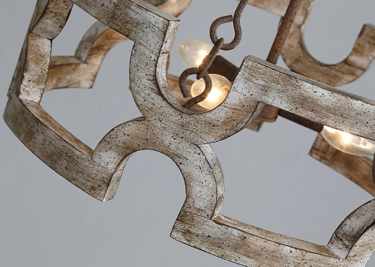 Distressed White Wood Cylinder Chain Foyer Chandelier Image - 13