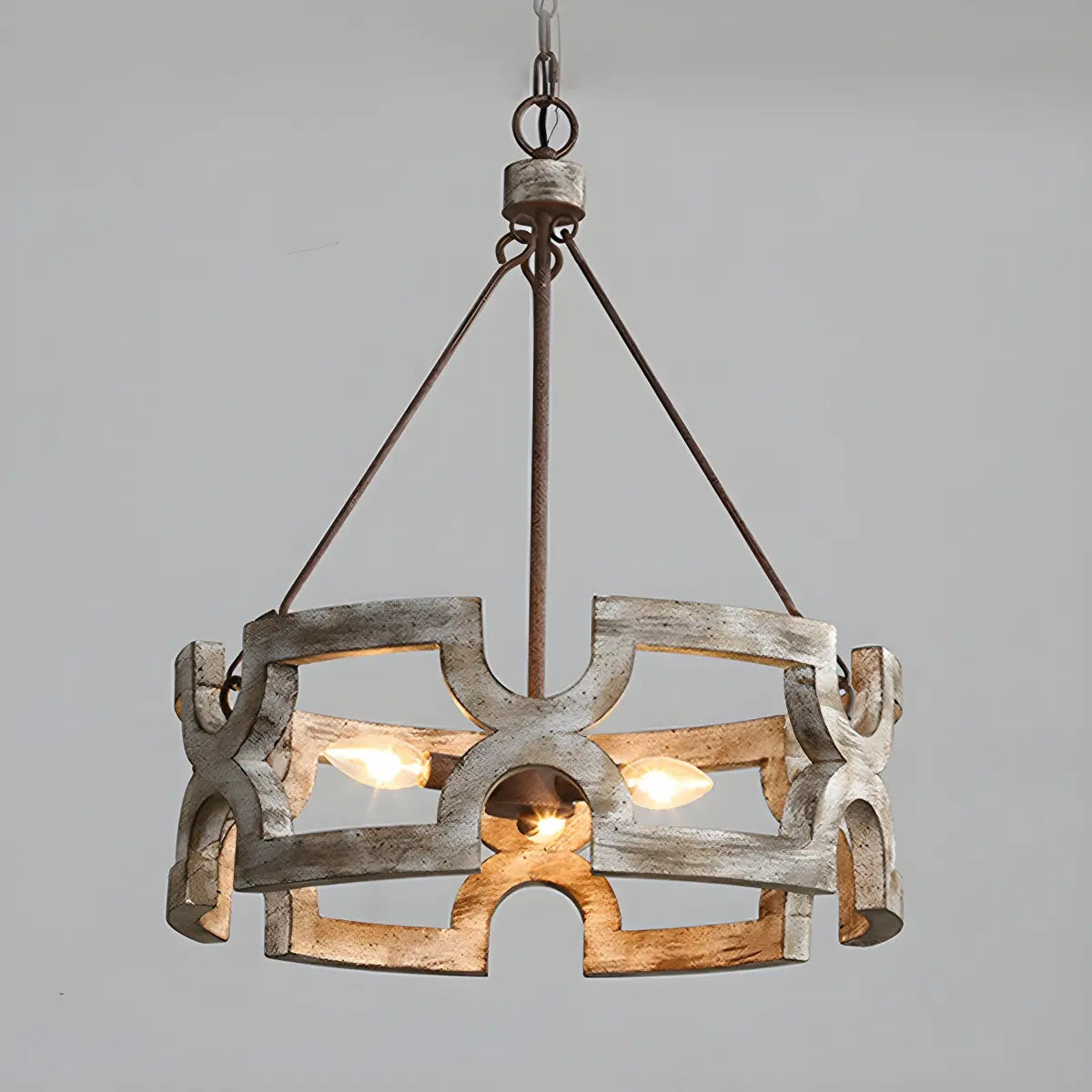 Distressed White Wood Cylinder Chain Foyer Chandelier Image - 8